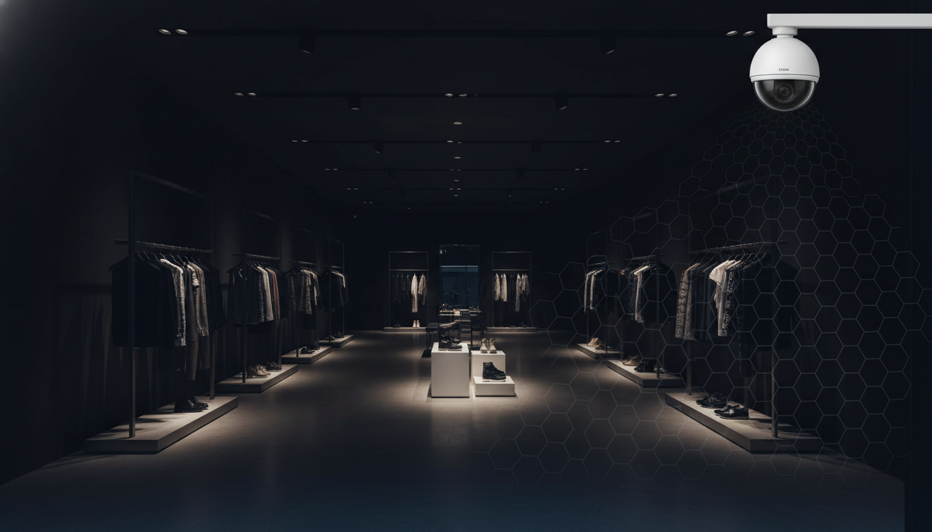 A dim apparel retail store interior with a dome CCTV camera visible in the upper right corner