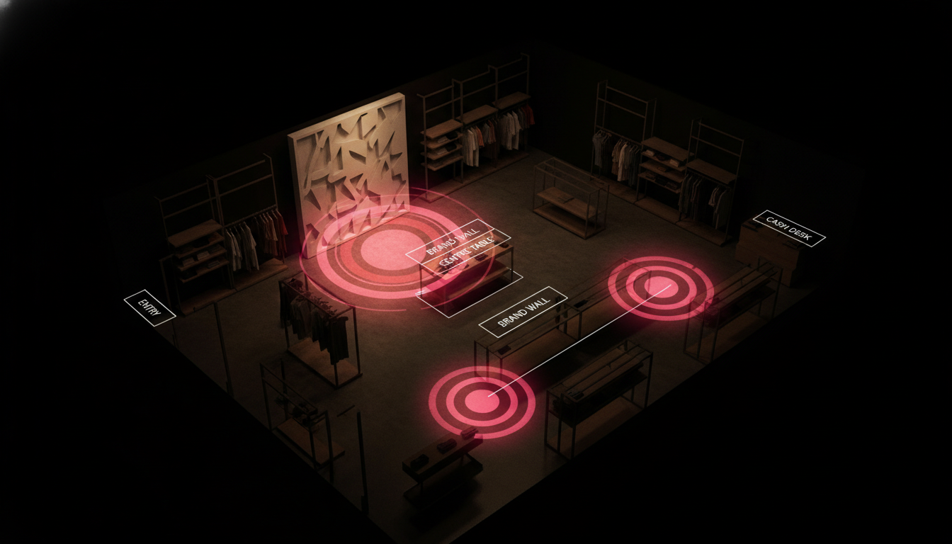 A retail floor with magenta heat zones overlaid on the brand wall, centre table and gondola areas