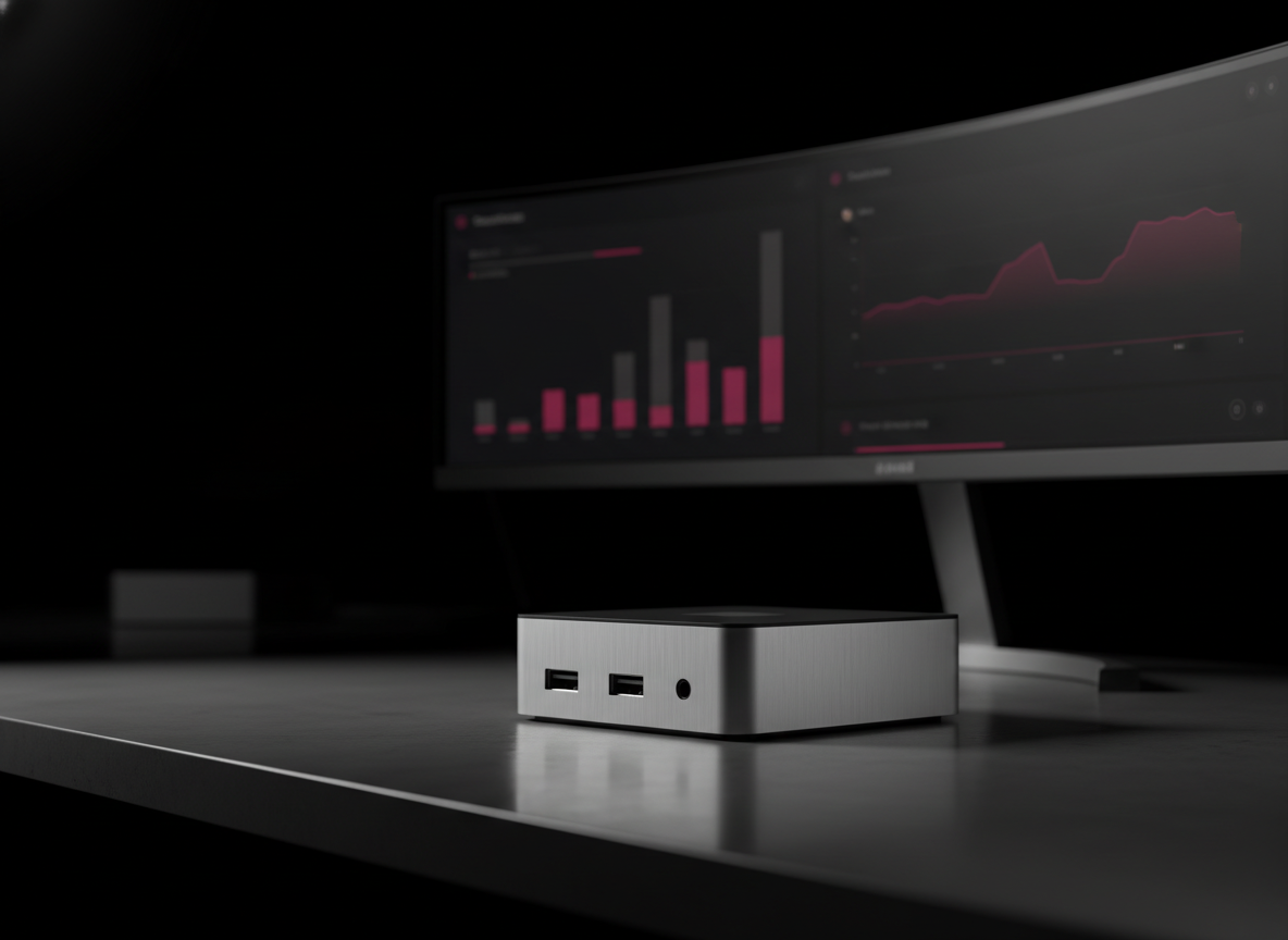 A compact Intel-powered edge compute device on a counter next to a slim monitor