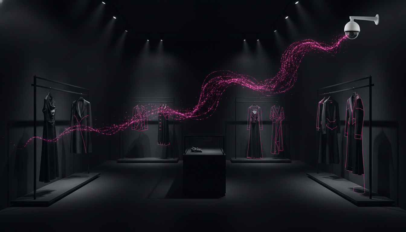 A dark luxury store with magenta data streams flowing from a CCTV camera