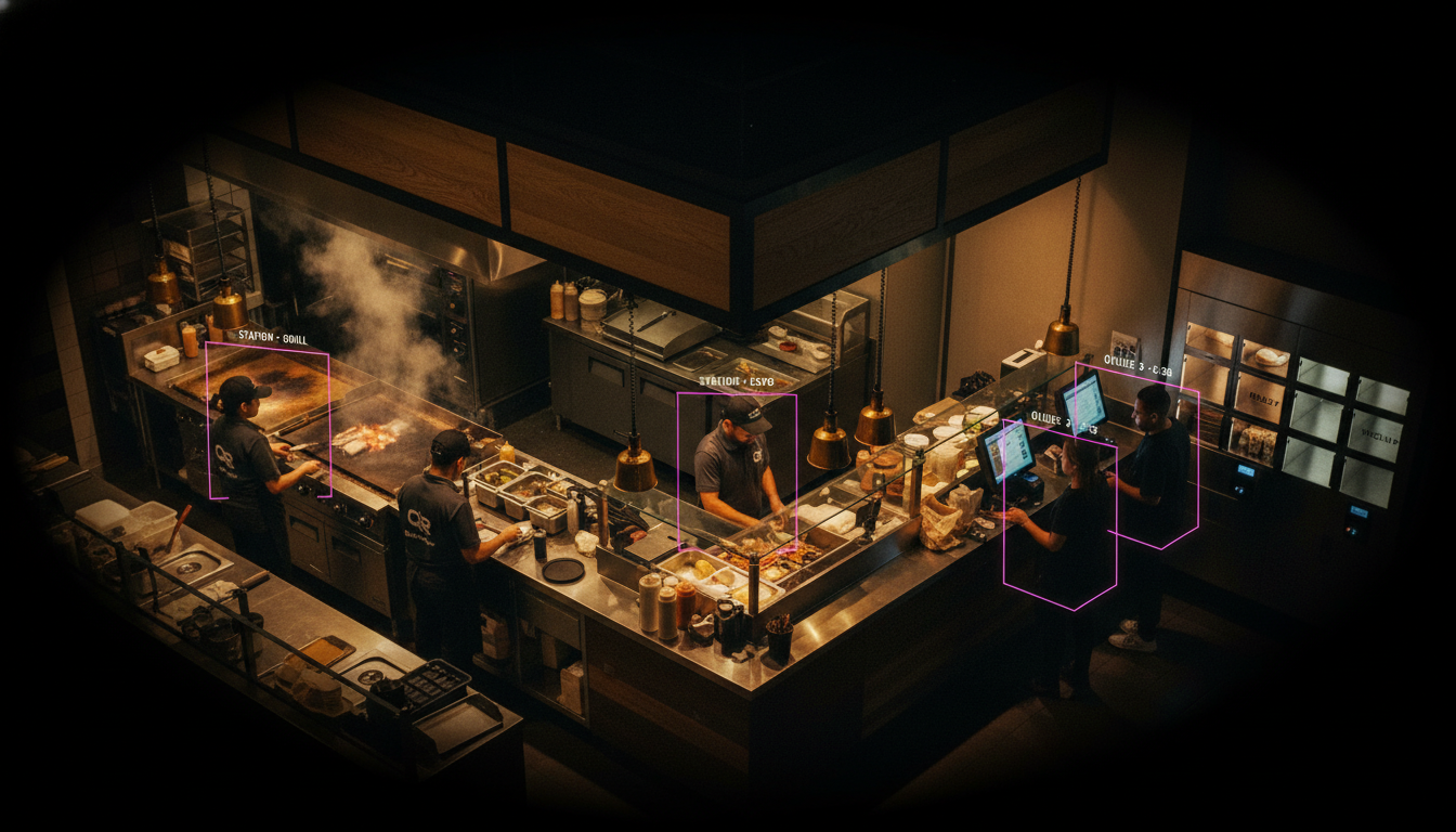 A busy QSR counter and kitchen at evening with AI overlays on staff and customers