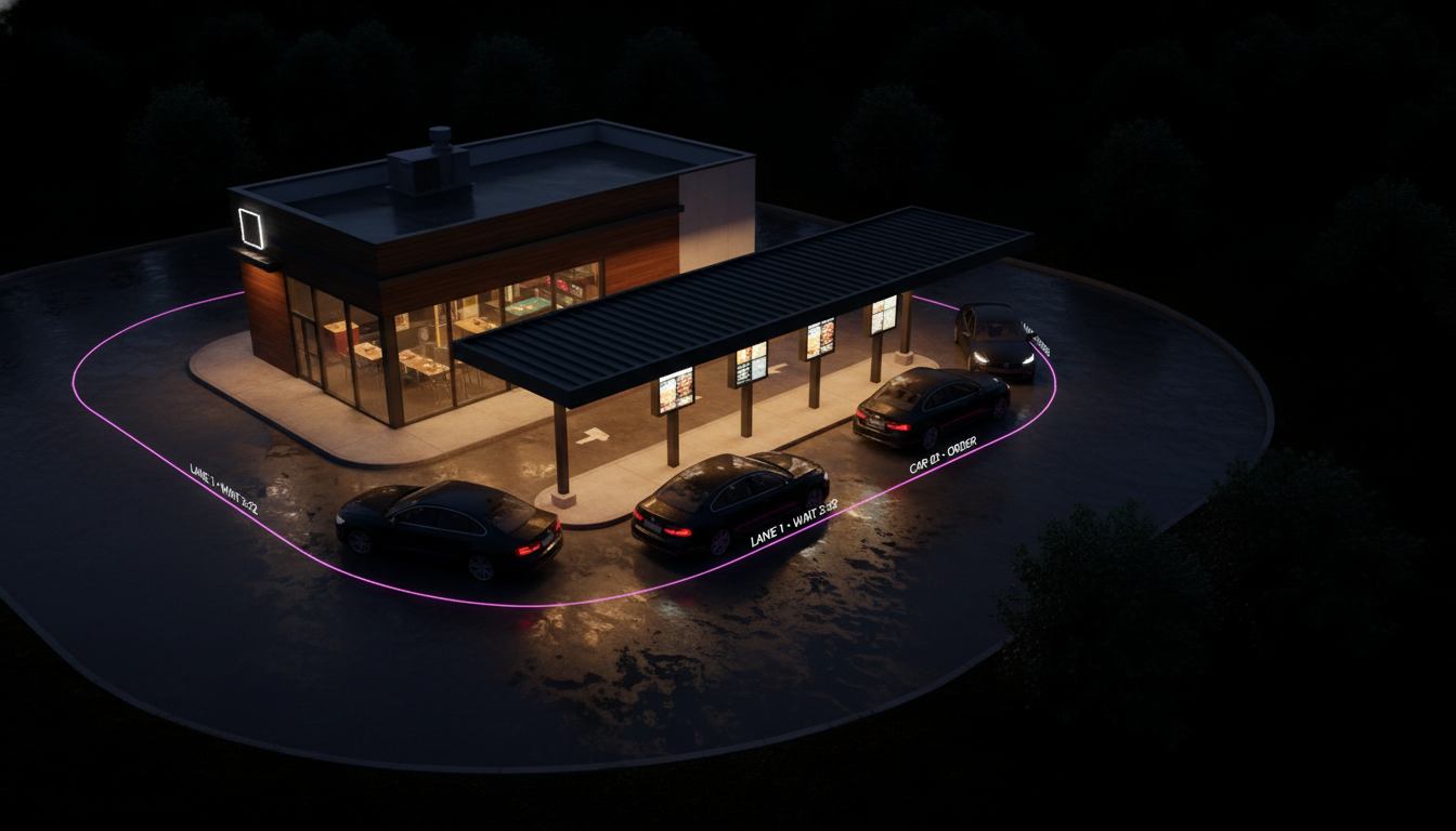 A dusk drive-thru lane with cars queued and magenta AI overlays tracking wait times