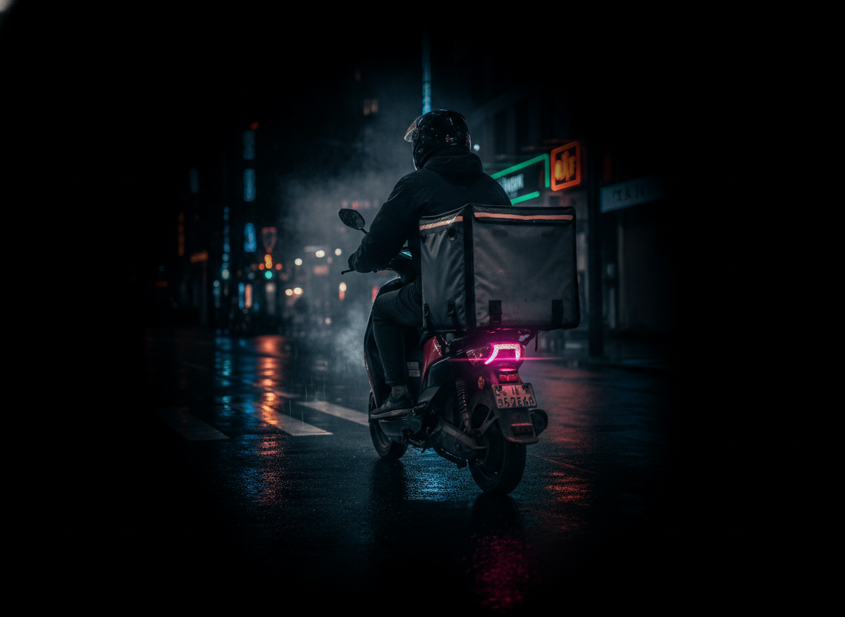 A delivery rider on an electric scooter at night with magenta accent glow