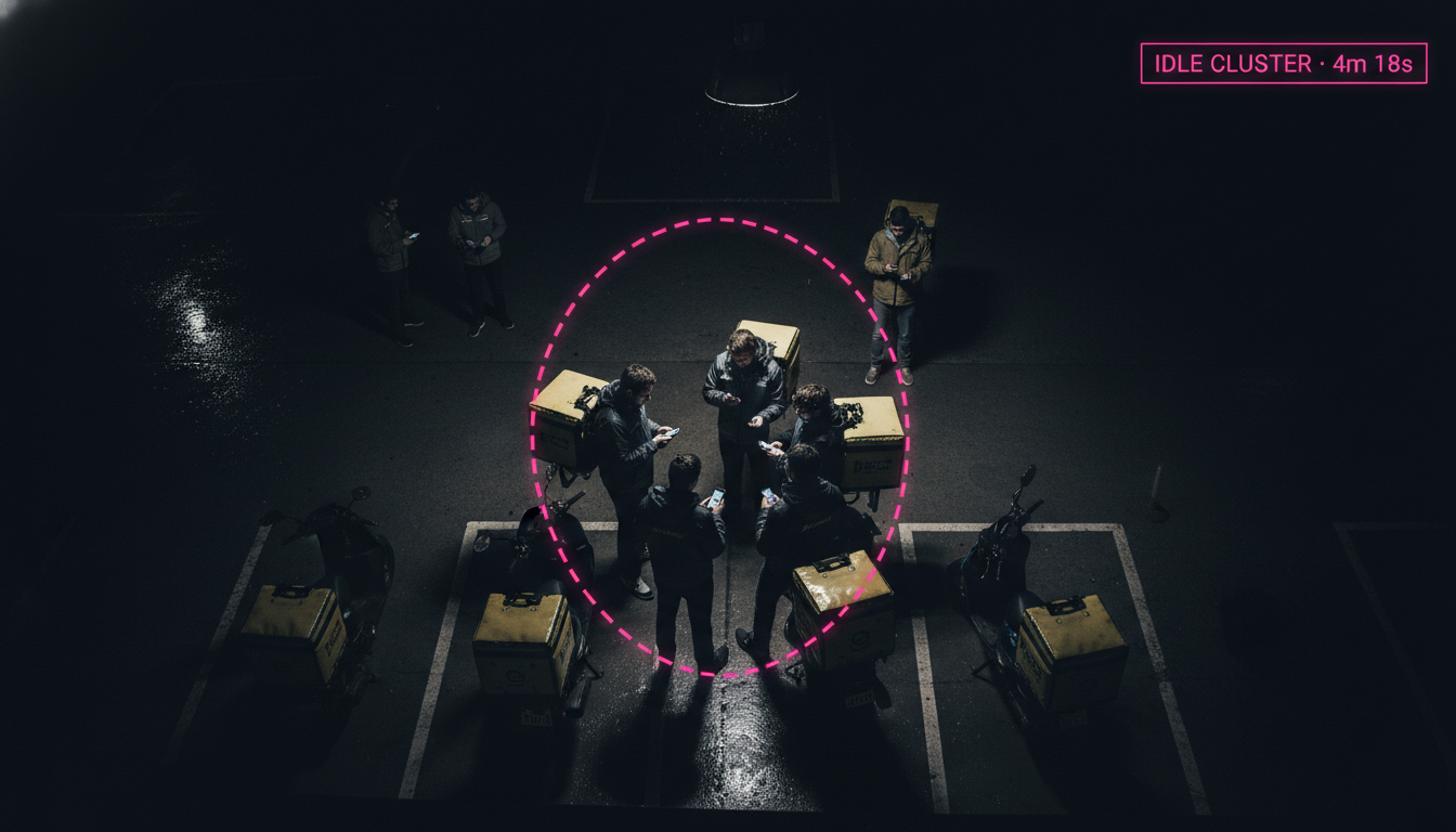 A cluster of idle delivery riders standing together at a hub at night
