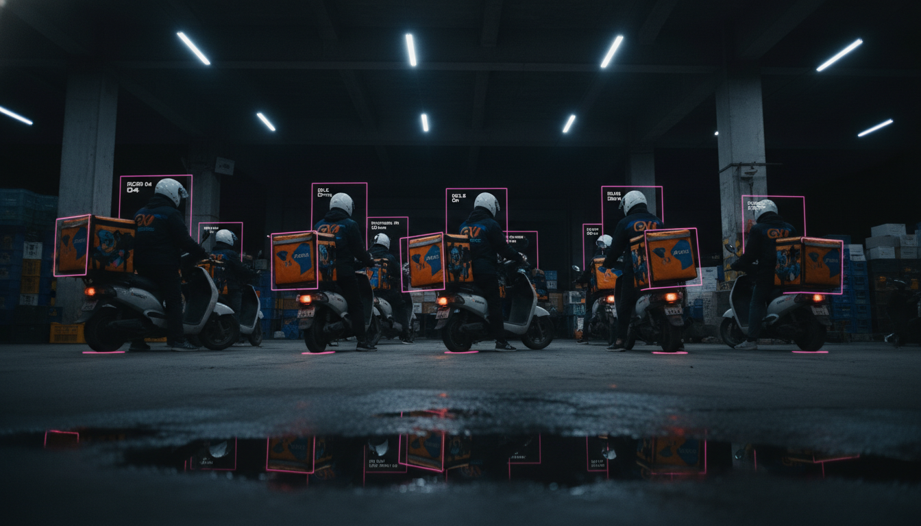 A dark-store loading bay at night with delivery riders and AI overlays
