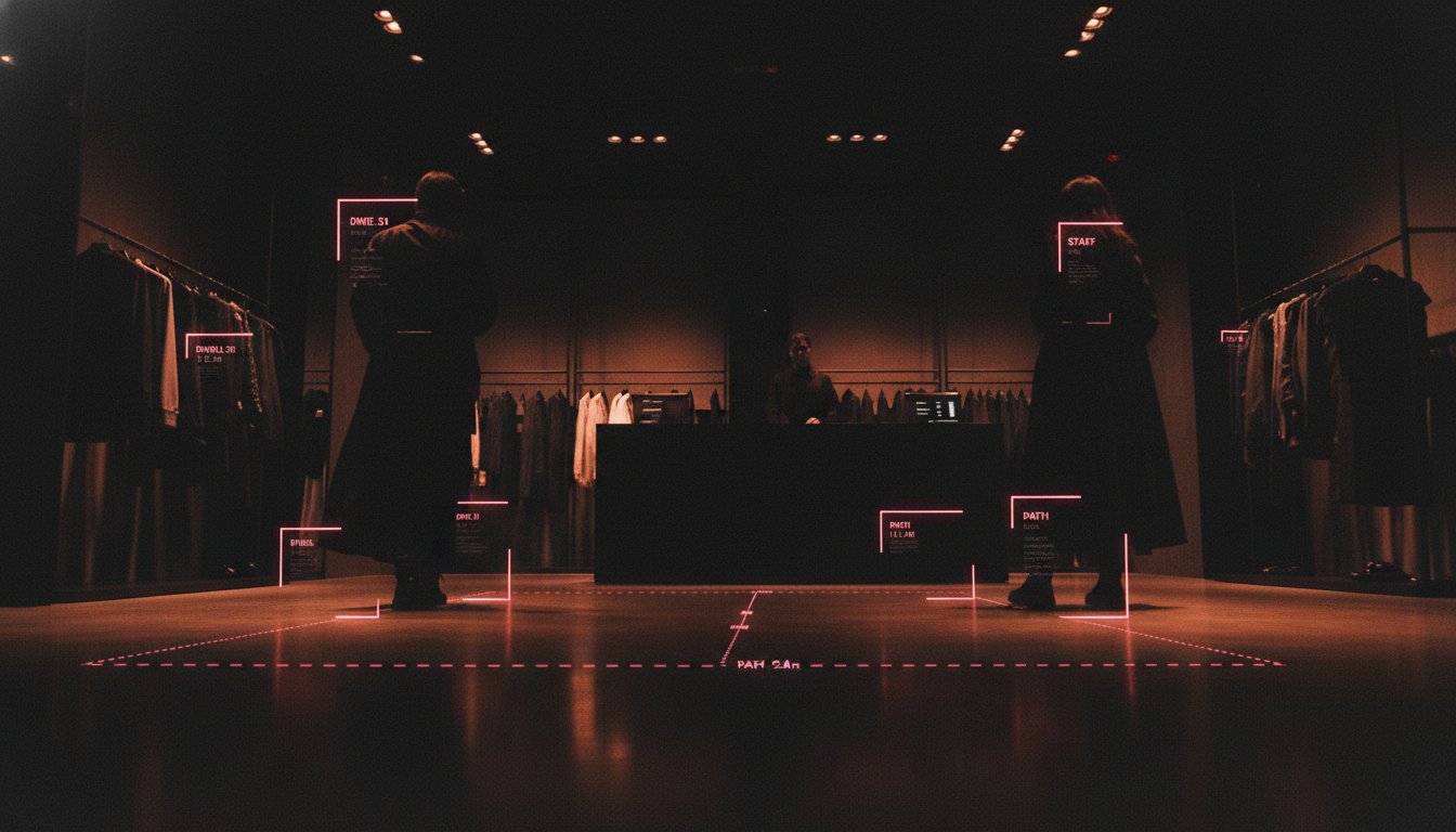 A dark apparel store with magenta detection overlays tracking customers and staff