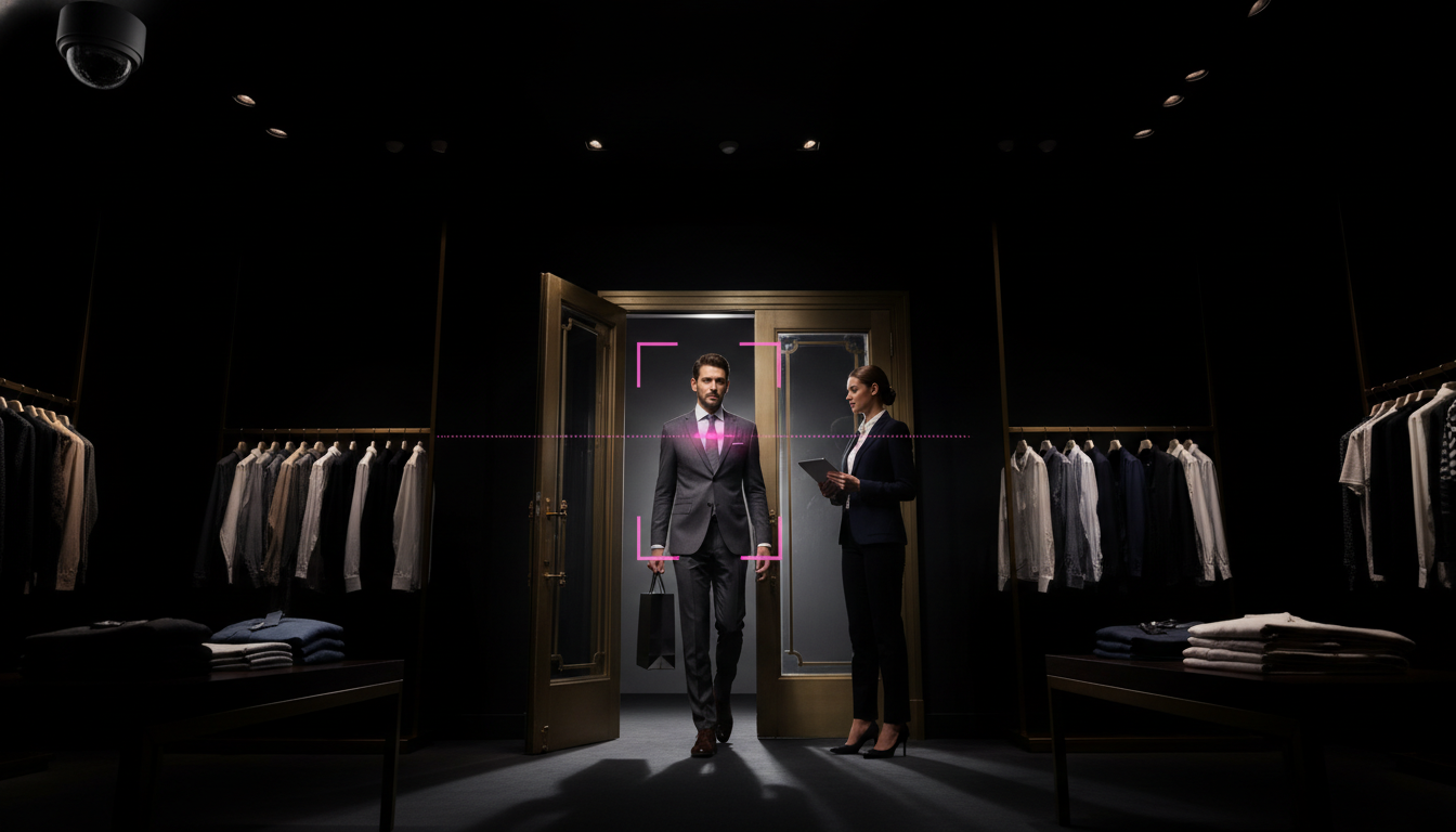 A well-dressed customer entering an upscale store, greeted by a sales associate with a tablet